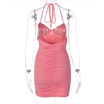 Pink Pleated Halter Bodycon Mini Dress
