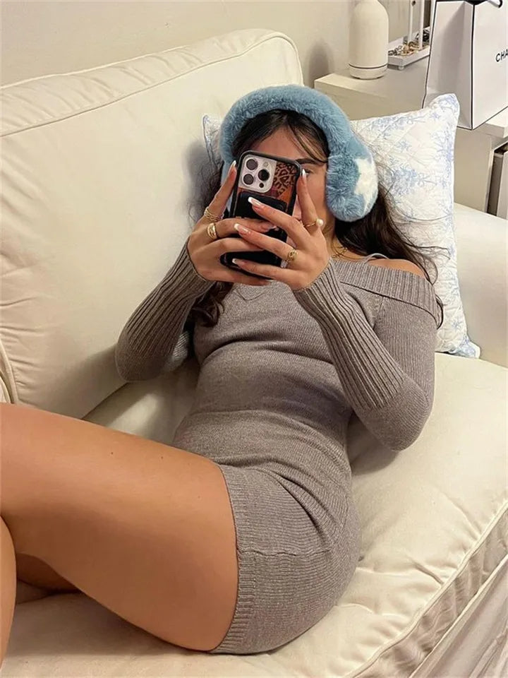 Grey Knit Off Shoulder Long Sleeve Jumpsuit
