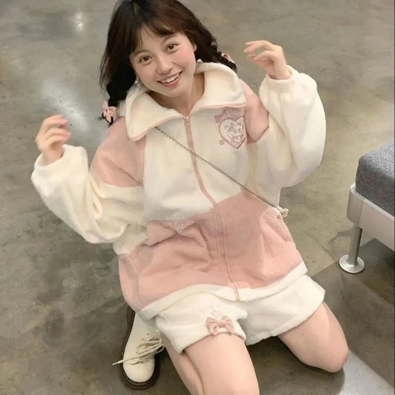 Pink Cat Cartoon Patchwork Jacket