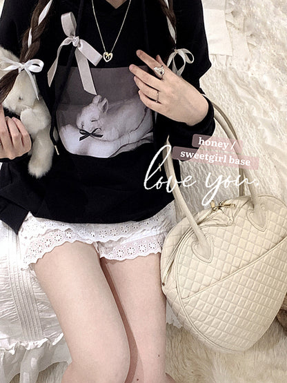 Black Rabbit Bow Loose Hoodie