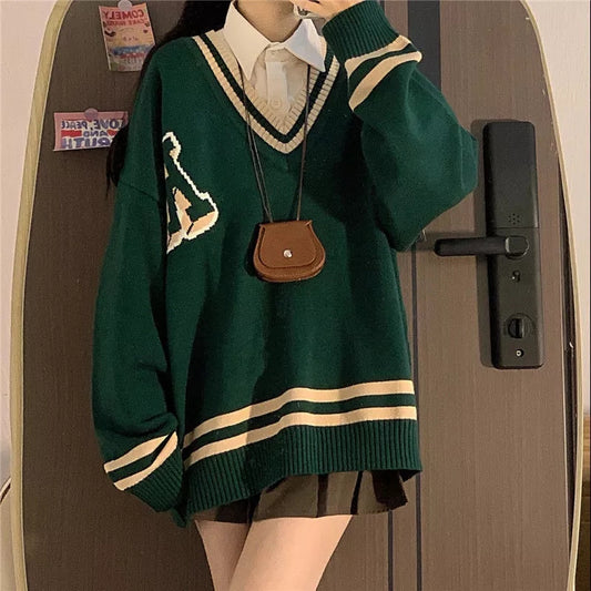 Vintage Green Preppy Oversized Sweater Aesthetic Casual E-Girl Kawaii Korean Japanese Harajuku
