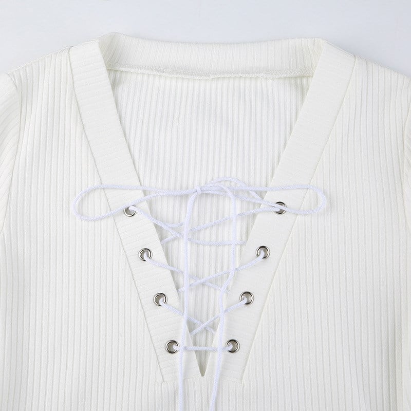 White Knit V Neck Long Sleeve Shirt