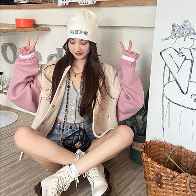 Pink Patchwork Oversized Varsity Jacket