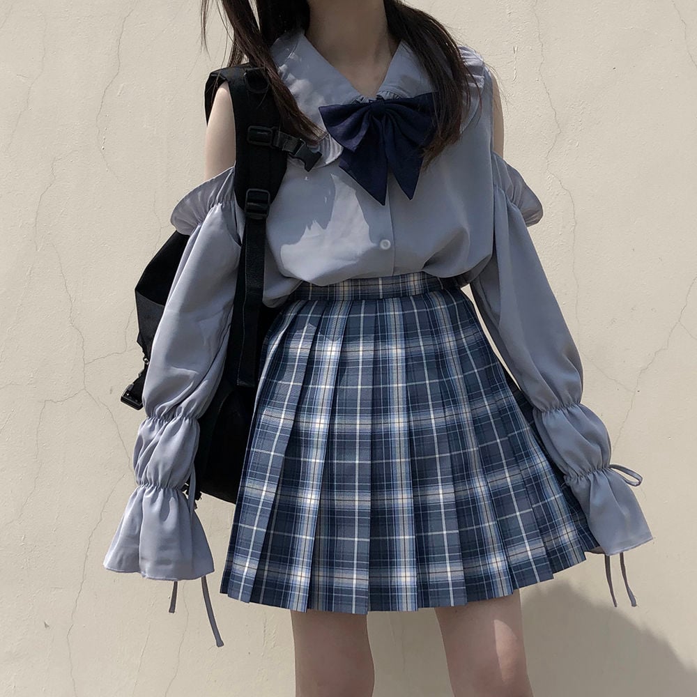 Blue Peterpan Collar Bow Lantern Long Sleeve Shirt