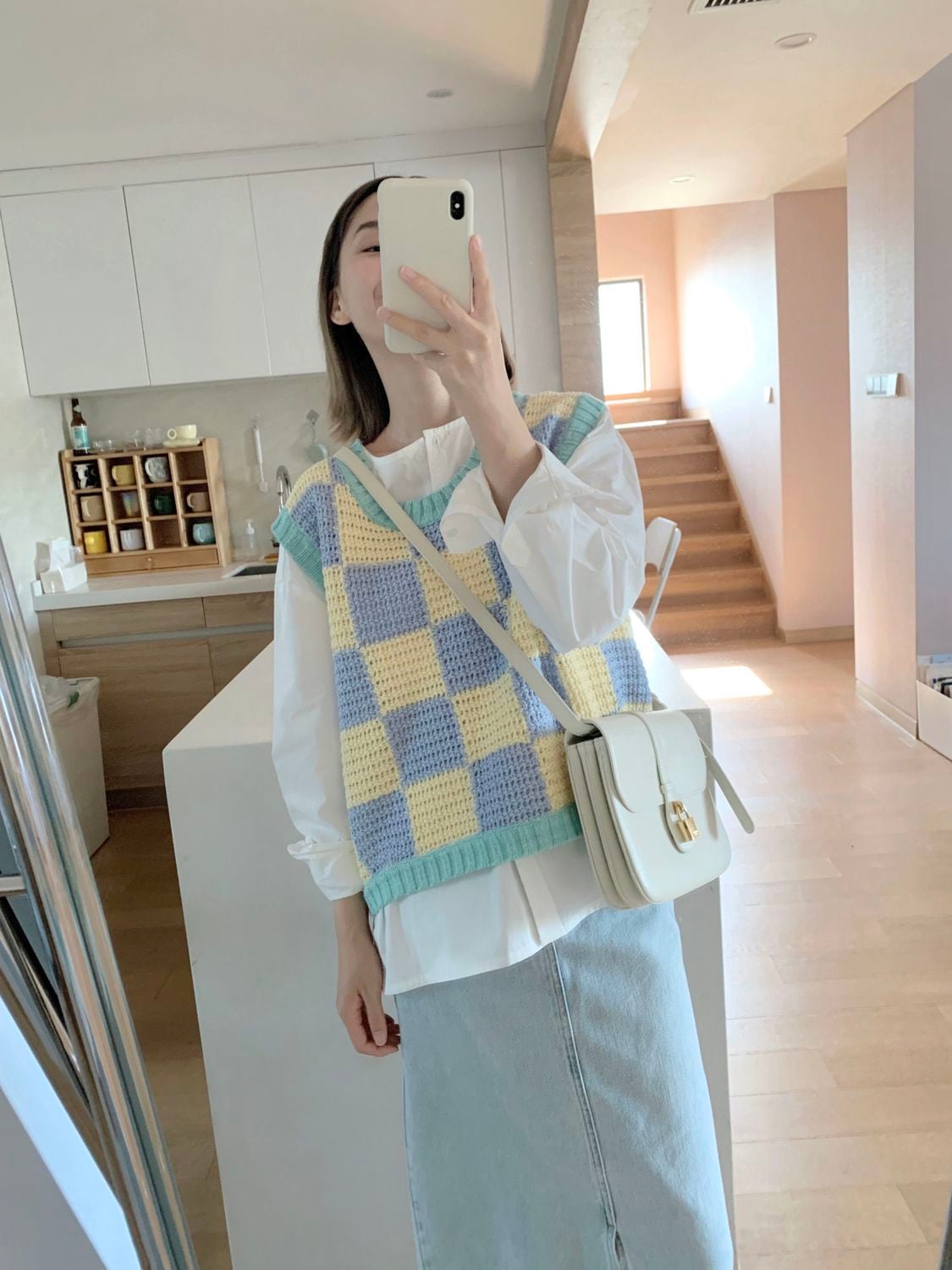 Blue & Yellow Checkered Crochet Sweater Vest