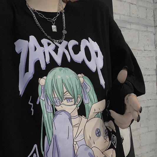 Black Anime Girl Cartoon Print Vintage Oversize Loose Short Sleeve Shirt T-shirt Tee Top Goth Punk E-Girl Kawaii Korean Japanese Harajuku Streetwear