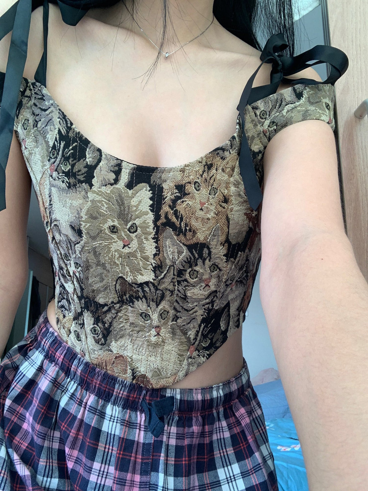 Cat Embroidery Lace Up Corset Top