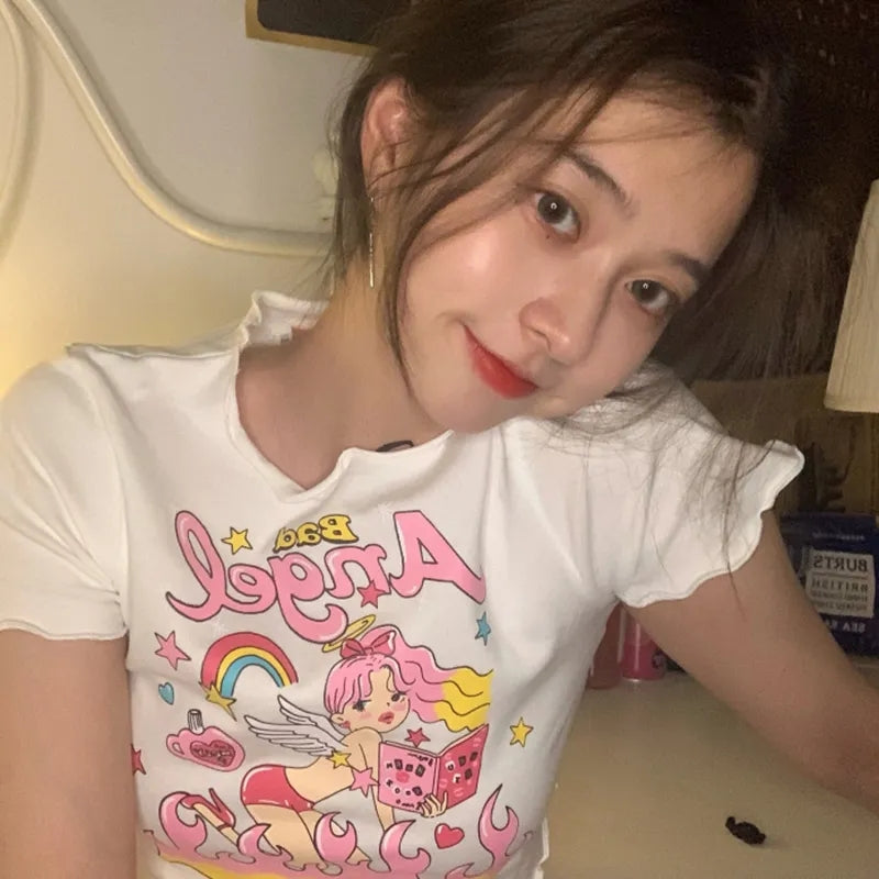 Angel Print Ruffle Short Sleeve T-shirt