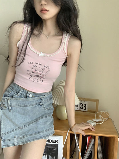 Pink Cat Lace Tank Top