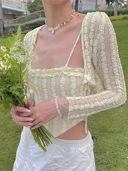 2PCS Beige Frill Camisole + Cardigan