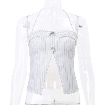 Stripe Halter Button Tank Top