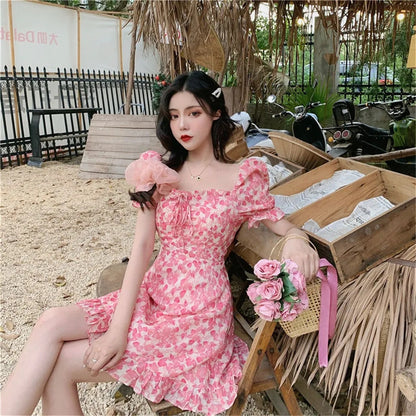 Pink Flower Ruffle Puff Sleeve Dress