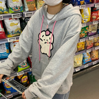 Bear Graphic Print Zipper Hoodie