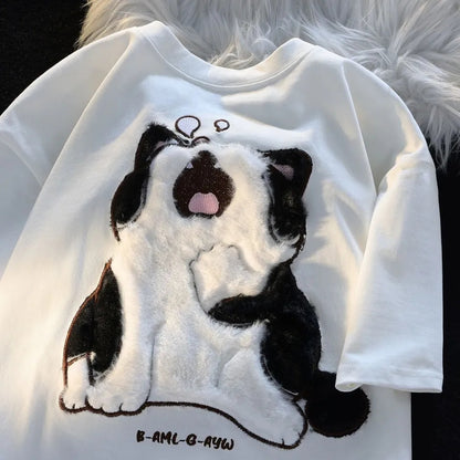Fluffy Yawning Cat Print Short Sleeve T-shirt