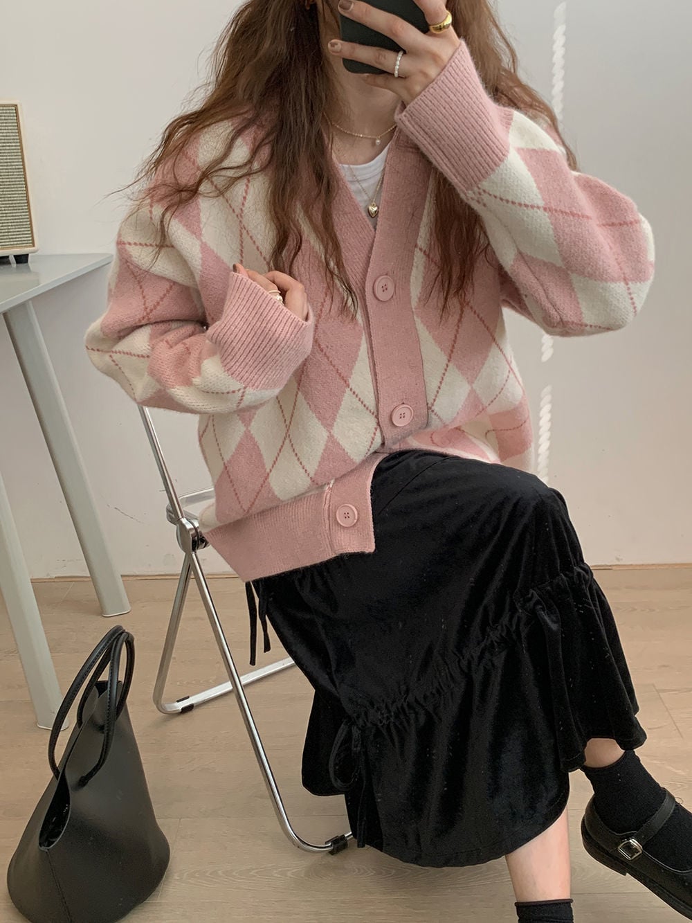 Pink Argyle V Neck Sweater