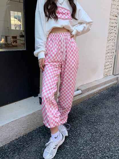 Pink Gingham Loose High Waist Pants