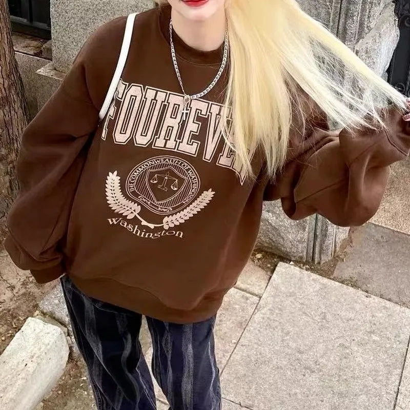Brown Letter Oversized Long Sleeve Sweater
