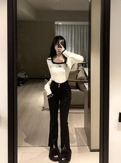 Black Bow Fluffy Square Collar Jumper