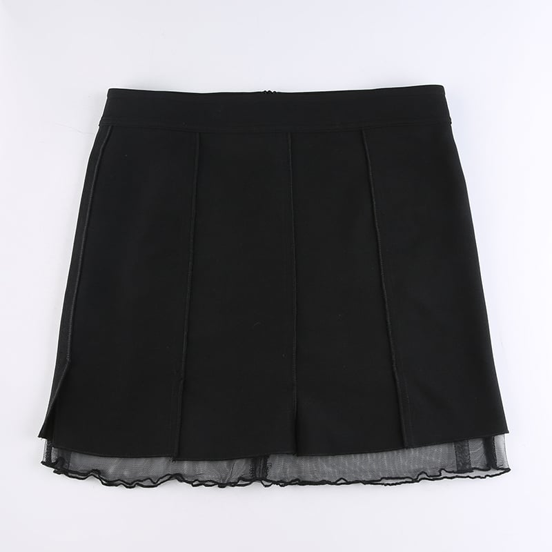 Black Split Mesh Frill Patchwork Mini Skirt