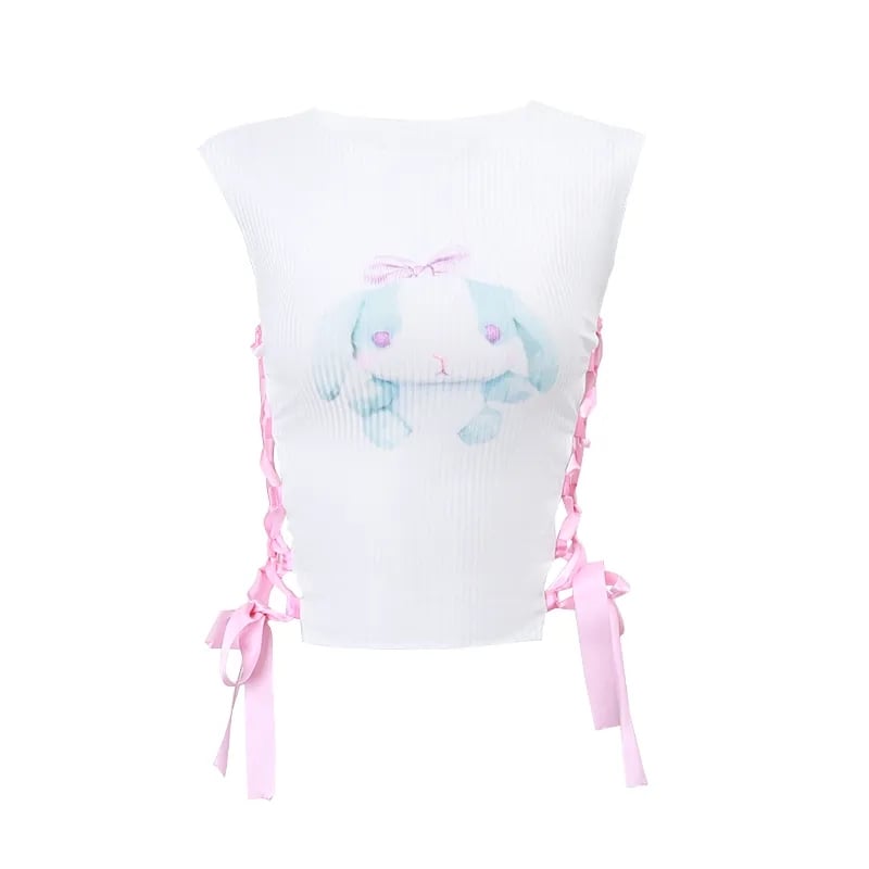Rabbit Print Side Cross Ribbon Tank Top