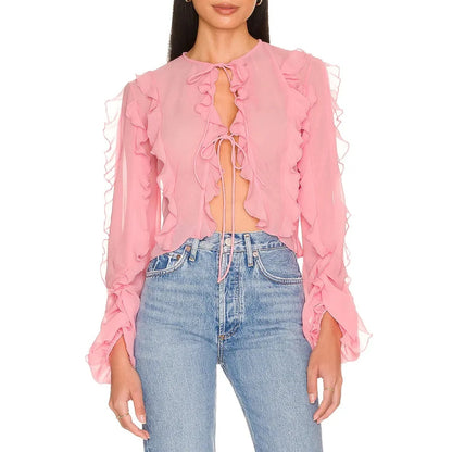 Pink Sheer Ruffle Long Sleeve Shirt