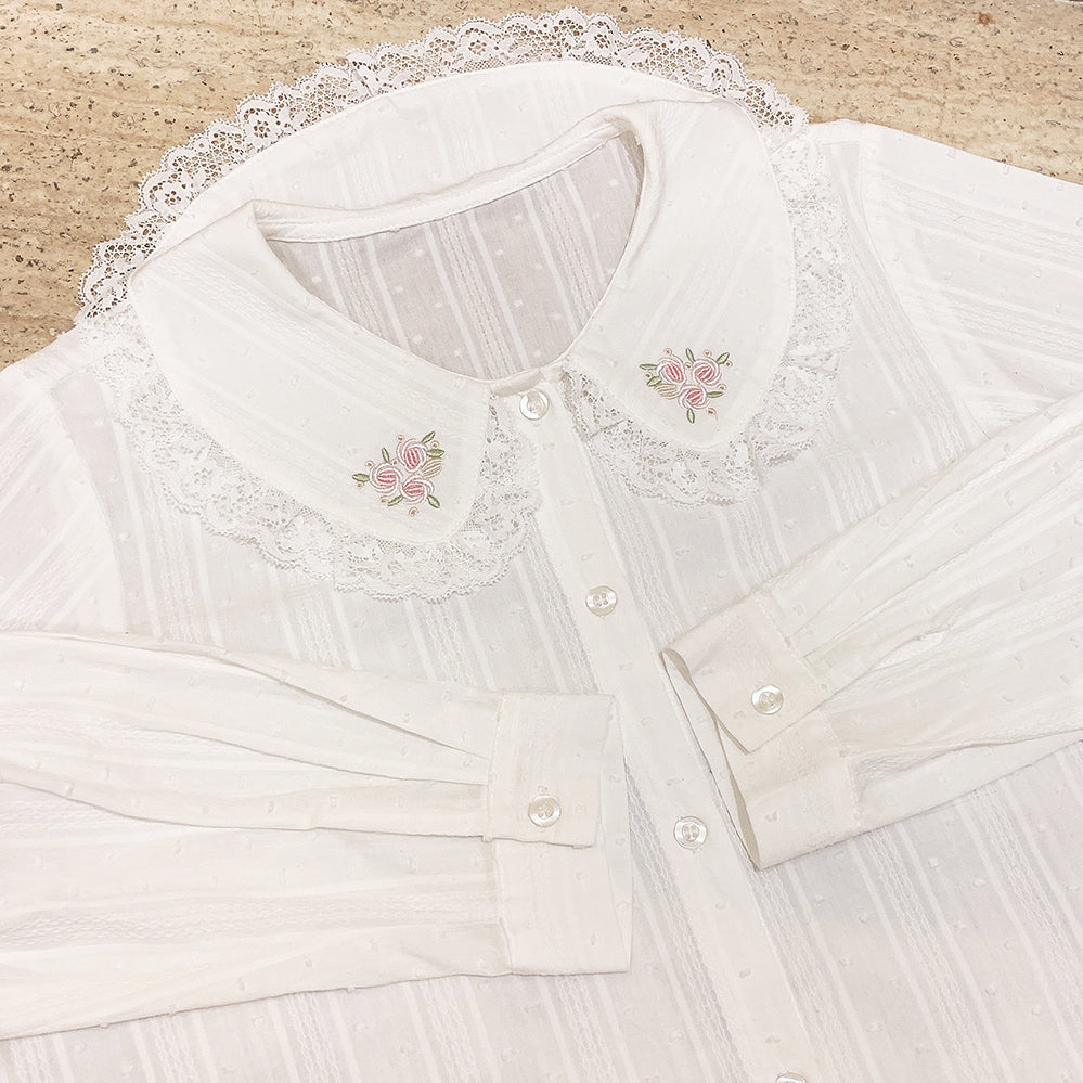 White Floral Embroidery Peterpan Collar Blouse