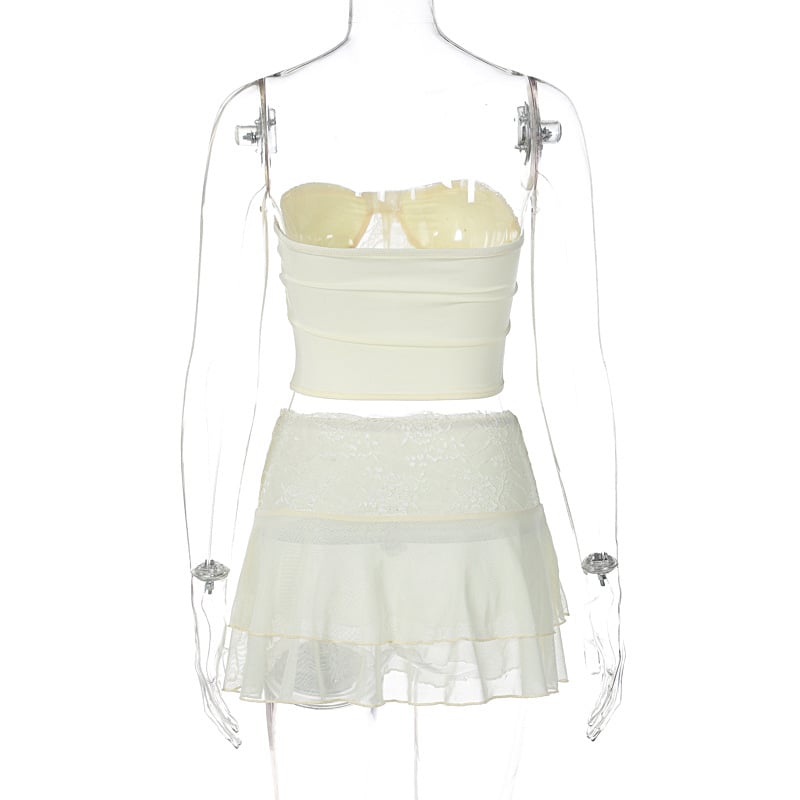 2PCS Cream Lace Corset Top + Mini Skirt