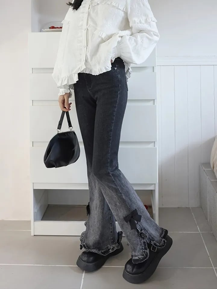 Sweet Bow High Waist Flare Denim Jeans