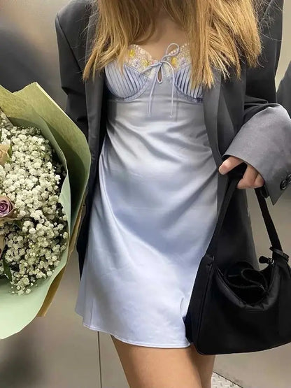 Light Blue Floral Embroidery Mini Dress