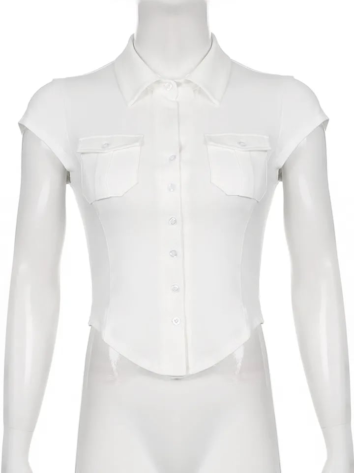 White Pocket Button Down Collar Short Sleeve Shirt