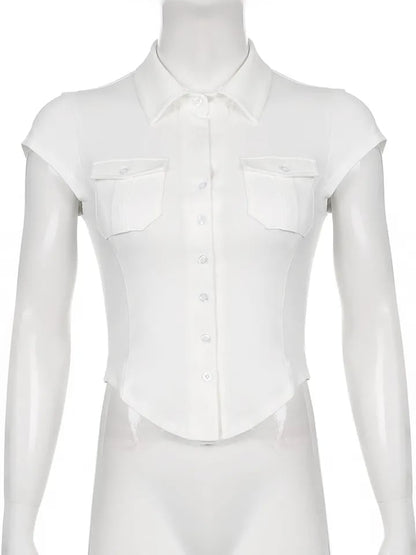White Pocket Button Down Collar Short Sleeve Shirt