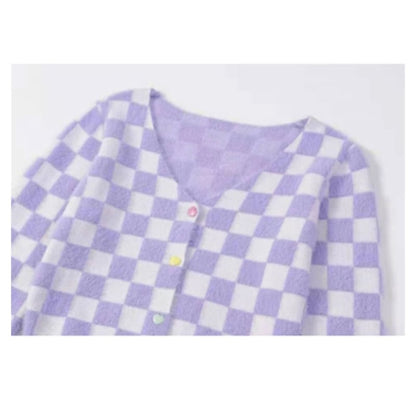 Purple Color Block Heart Button V Neck Sweater