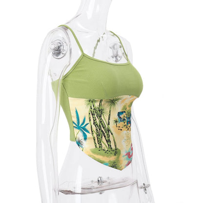 Green Vacation Print Patchwork Tank Top
