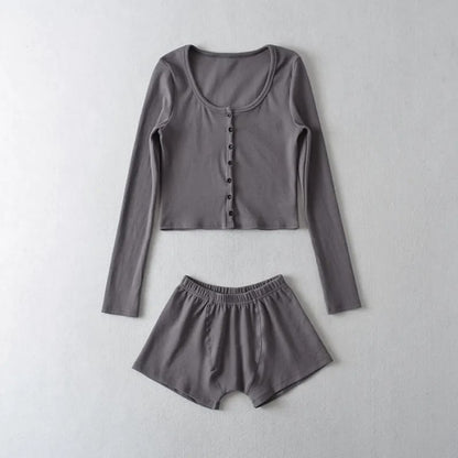 2PCS Pink Ribbed Button Long Sleeve Crop Top + Shorts