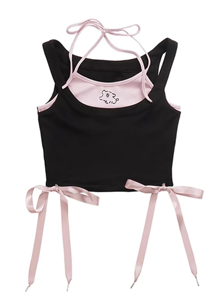 2PCS Dog Print Bow Tie Halter Top