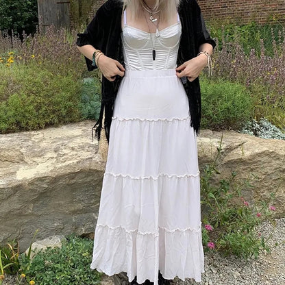 White Pleated Frill Maxi Skirt