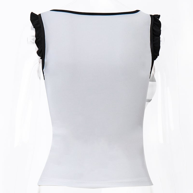 White & Black Patchwork Lace Square Neck Top