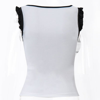 White & Black Patchwork Lace Square Neck Top