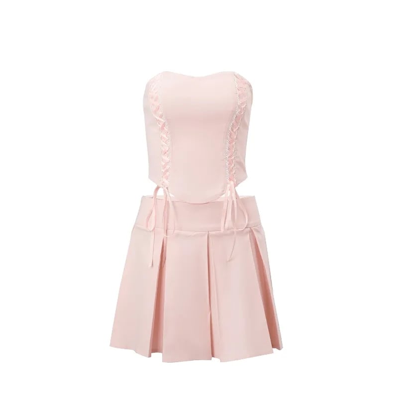 2PCS Pink Side Cross Strapless Top + Pleated Mini Skirt