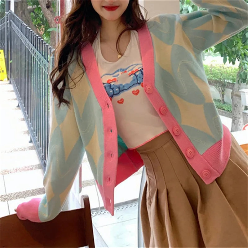 Pastel Argyle V Neck Cardigan Sweater