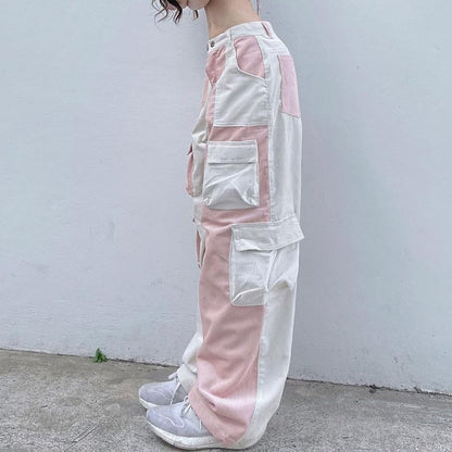 Pink Contrast Patchwork Cargo Pants
