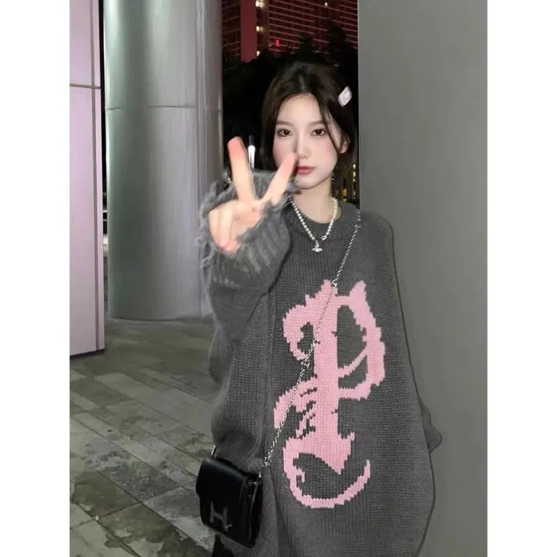 Grey Y2K Oversized Sweater