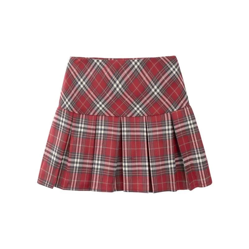 Red Plaid Pleated Mini Skirt