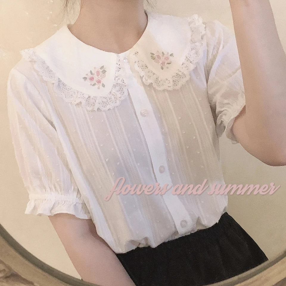 White Floral Embroidery Peterpan Collar Blouse