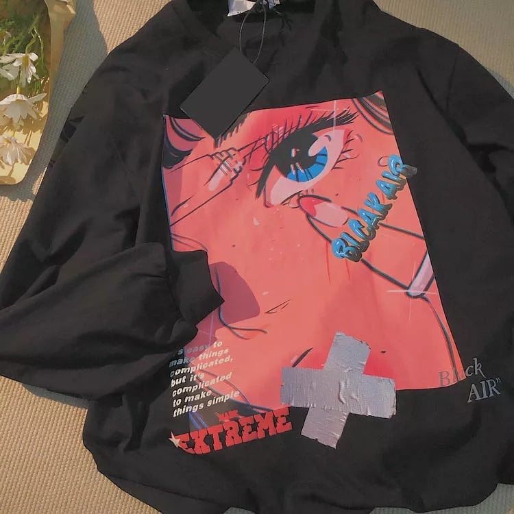Cute Black Anime Girl Cartoon Print Hoodie Sweatshirt Long Sleeve Shirt Aesthetic Casual Summer E-Girl Kawaii Korean Japanese Harajuku