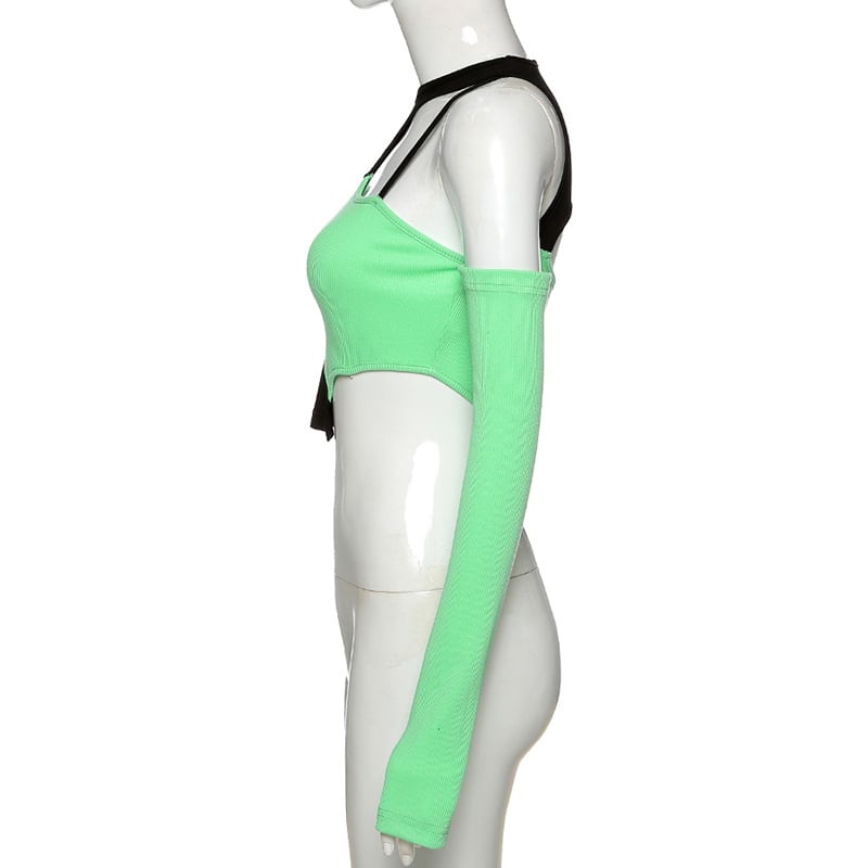 Green & Black Patchwork Hollow Out Long Sleeve Shirt