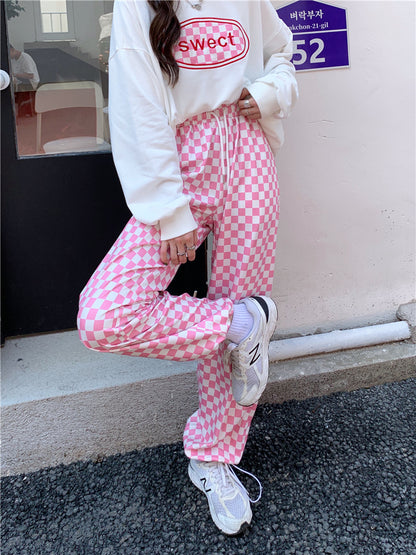Pink Gingham Loose High Waist Pants