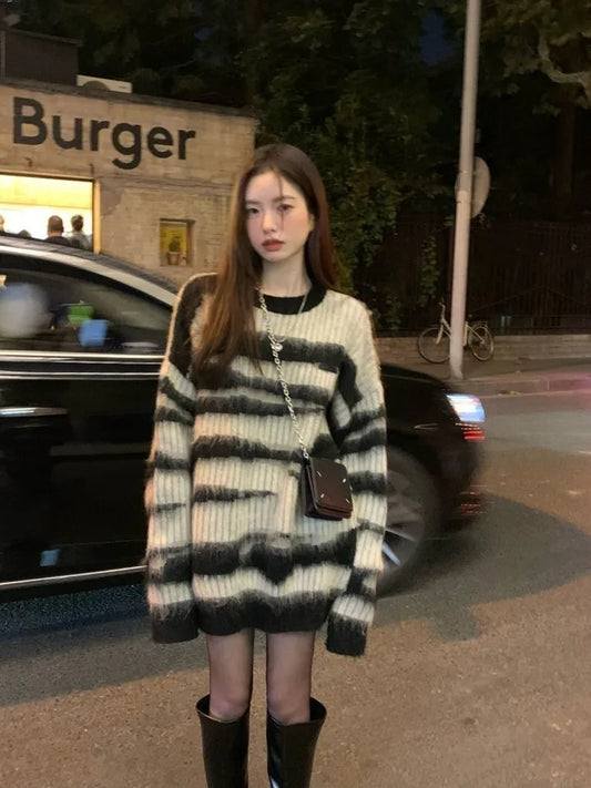 Black Stripe Knit Oversized Sweater
