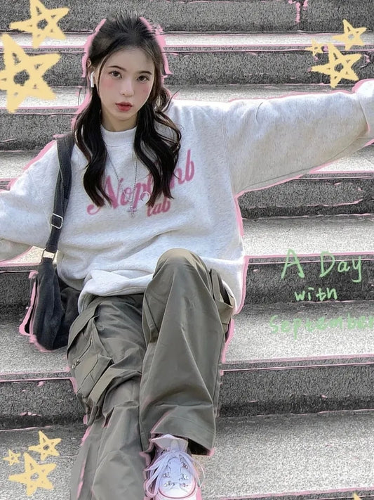 Grey Letter Print Oversized Pullover