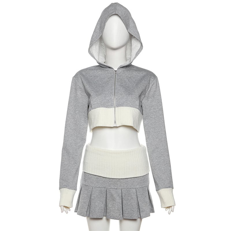 2PCS Grey Cropped Hoodie + Pleated Mini Skirt